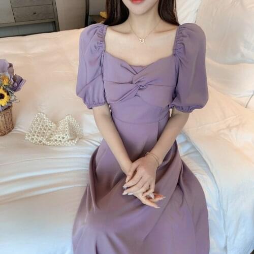 2021 Summer New Fairy Sweet Bow Square Neck French Retro Purple Waist Mid Length Dress