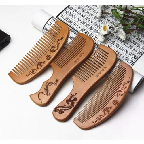 1pc Chinese Peach Wood Comb Anti-static Head Massage Hair Care Comb Wooden Tools Beauty Accessories Dragon or phoenix engraved