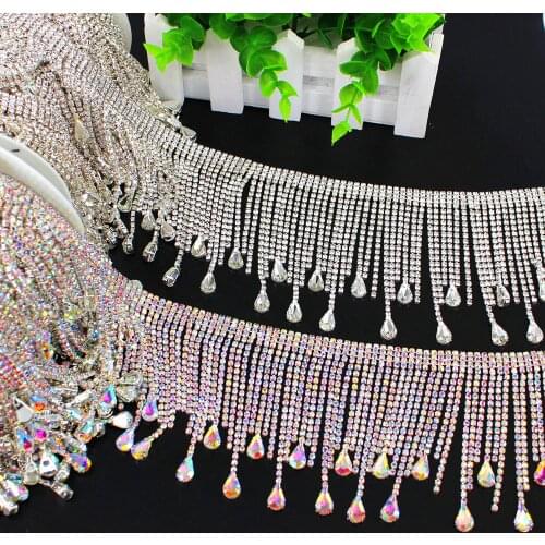 1 Yard DIY sew on trimming bridal crystal clear rhinestone patch appliques for Bridal dress Handmade Silver sewing tassel fringe