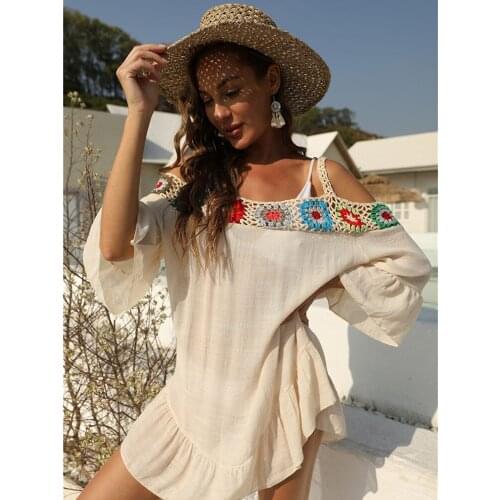 2021 Summer Casual Women Off Shoulder Beach Dress Bikini Cover Ups Bathing Suit Crochet Loose Folds Fashion Swimwear Cover Up