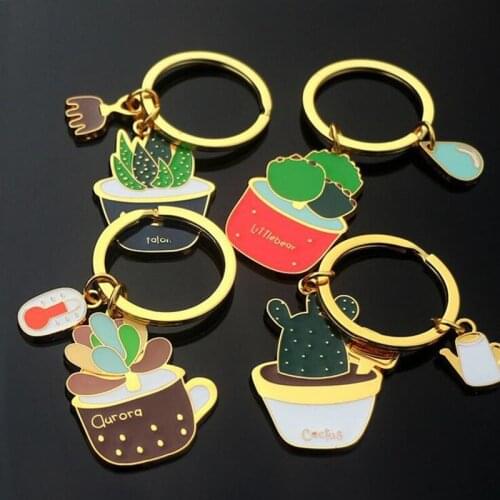 Lovely Cactus Keychain Women Succulent Potted Succulent Plants Shaped Keychain Ring Gold Car Key Chains Best Gift for Friend