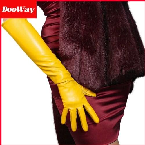 DooWay Women Long Faux Leather Gloves 20-inch Ginger Yellow Over Elbow Length Stretchy Party Cosplay Dress Gloves