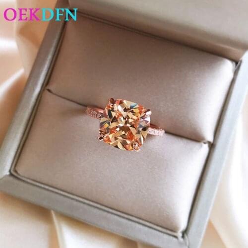OEKDFN 100% 925 Sterling Silver Ring Morganite Gemstone Wedding Engagement Romantic Cute Rose Gold Rings Women Fine Jewelry