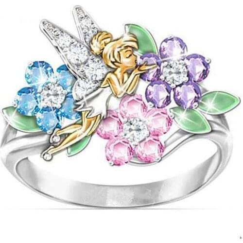 Cute Floral fairy Colorful CZ Zircon Stone Silver Color Rings for Women Girls Wedding Engagement Fashion Jewelry Gift Daughter