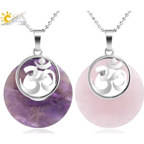 CSJA Natural Stone Pendants & Necklaces Religious AUM 3D Symbol Hollow Round Healing Pendant for Women Men Fashion Jewelry G050