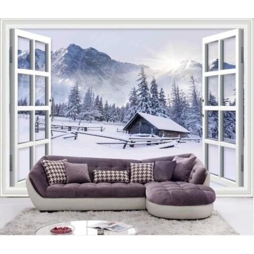 3d wall murals wallpaper for living room Snow Mountain Chalet Outside the Window home decor photo wallpaper for walls 3 d