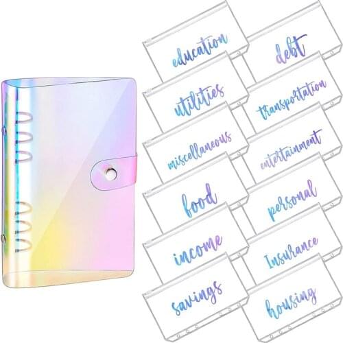 NEW-A6 PU Leather Notebook Magnetic Personal Planning Binder with 12 Binder Pockets Binder Zipper Folder for Bill Planning
