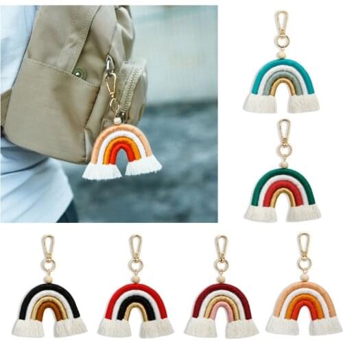 Rainbow Car Keychain Braided Rope Key Chain Women Trinket Car Bag Charm Pendant Key Ring Gift