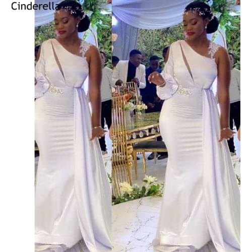 Wedding Dresses One Shoulder Mermaid High Quality Satin Lace Applique Crystal Wedding Dresses With Zipper Back vestido de noiva