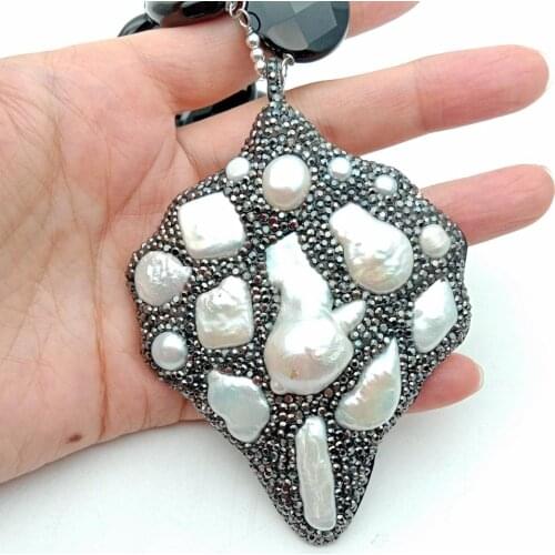 YYGEM natural Teardrop Onyx white Keshi Pearl 67x87MM cz pave pearl Pendant Wrap necklace for women