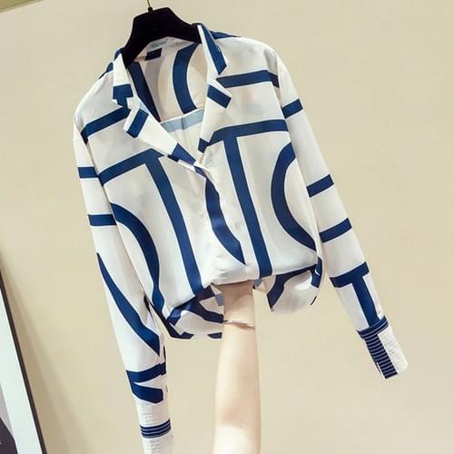 2021 Spring Autumn New Temperament Printed Striped Shirt Womens Long Sleeve Tops Office Lady All-Match Blouses Blusas