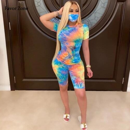 Fashion Womens Sportswear Bodycon Elastic Tie Dye T-shirt Jogging Biker Shorts two piece suit Women Casual Tracksuit Outfits