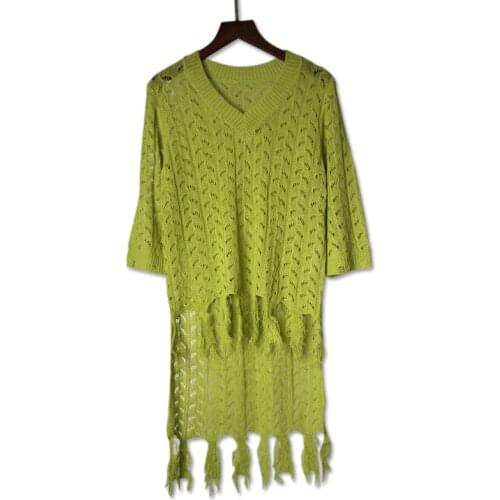 Autumn Women Casual Swallowtail Knitted Irregular hem Top Fashion Female Hollow Out tassel Pullovers Solid High Low Top Sweater