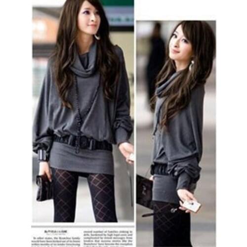 2 Colors Fashion Women Sexy Long Sleeve Mini Dress Ruff Neckline T-shirt Top Woman Tshirts