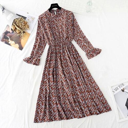 2020 New Floral Printed Chiffon Dress Women Autumn Spring Long-Sleeved O-Neck High Waist Long Dresses Female Vestidos