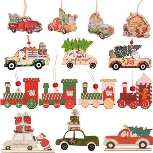 1set Christmas Wooden Multi Type Car Pendants Xmas Tree Hanging Ornaments for Merry Christmas Home Decoration Kid Noel Gifts
