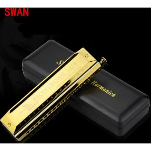 Swan Chromatic Harmonica 16 Hole 64Tune Golden Professional Harp Instrumentos Chromatic Square mouthpiece Thicken the cover