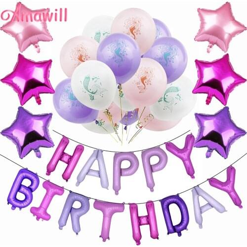 Amawill 1Set Little Mermaid Theme Baby Girl Birthday Party Decorations Cartoon Mermaid Foil Happy Birthday Banner Helium Balloon