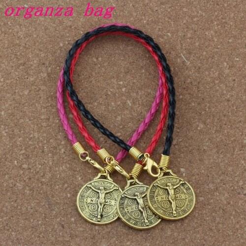 20pcs/lots leather bracelet Antique gold Saint Jesus Benedict Nursia Patron Medal Crucifix Cross alloy Charms Pendants Bracelet