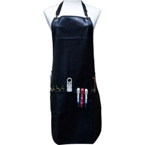 Black Professional Barber Apron with Pockets Leather Waterproof PU Hairdressing Apron Cape Cutting Hair Cape for Barber