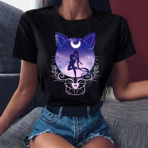 FIXSYS Harajuku Ullzang Tshirt 90s Funny Black T Shirt Aesthetic Cat Anime Women Female T-shirt Kawaii Tops Tee