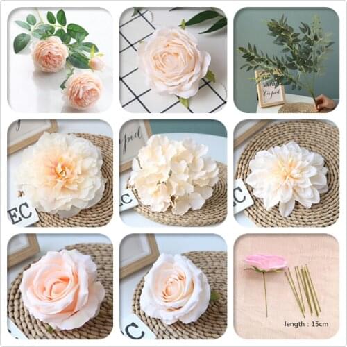 Champagne Color Artificial Flower Wedding Rose Peony Hydrangea Bridal Bouquet Wedding Decoration DIY Home Party Fake Flowers