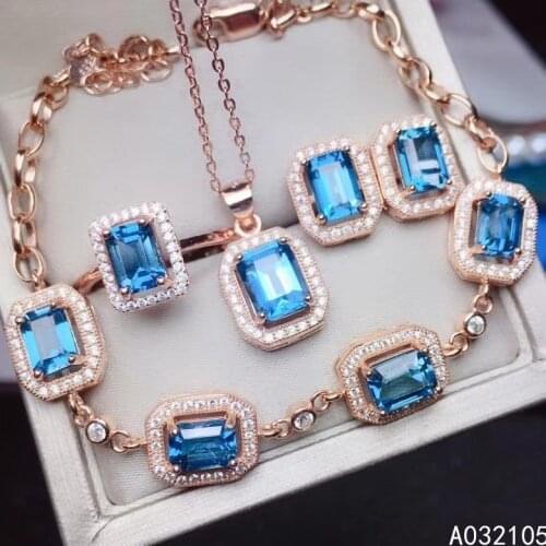 KJJEAXCMY fine jewelry 925 sterling silver inlaid Natural London blue topaz women square gem pendant ring earring bracelet suit