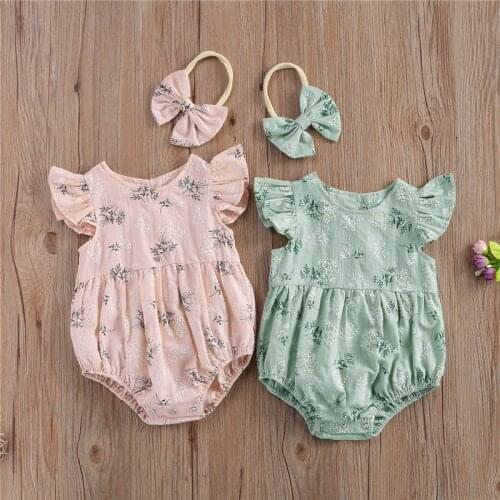 Summer Newborn Infant Girls Romper Headband 2Pcs Infant Girls Ruffles Sleeve Flower Print Cotton Romper Baby Jumpsuits Outfits