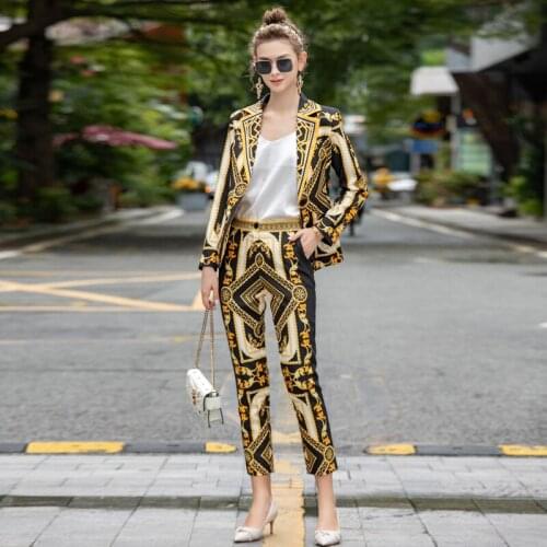 DIDABOLE Designer High Quality Women Print Sets Autumn New Vintage Jacket Tops + Casual Pants Office Elegant Party 2 Piece Suit