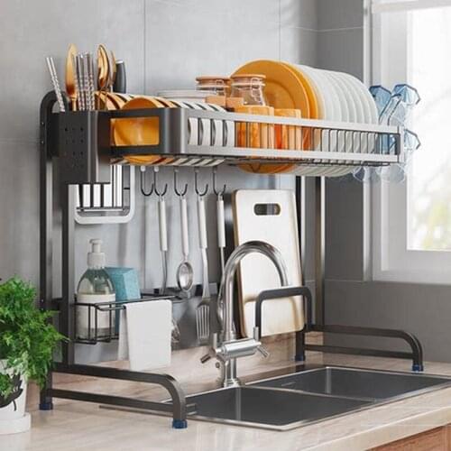 Fashionable and simple kitchen stainless steel sink shelf double pole reinforcement tableware filter rack