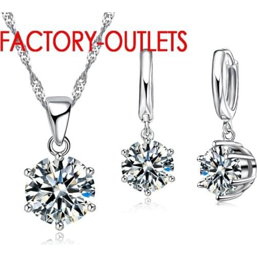 925 Sterling Silver Fashion Jewelry Set Classic 5 Claws Crystal Necklaces Hoop Earrings Women Girls Engagement Anniversary