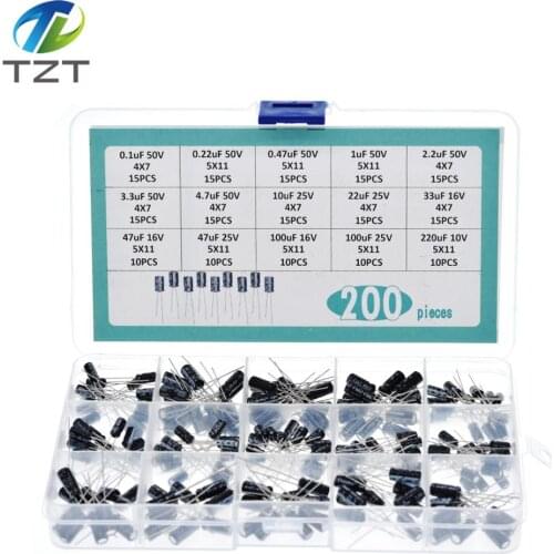 200pcs/lot Radial capacitors set 15Values 0.1uF-220uF Electrolytic Capacitor Assortment Kit 10V/16V/25V/50V capacitor pack