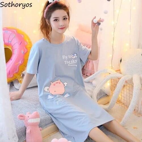 Nightgowns Women Printed Side-slit Stylish Kawaii Cartoon Plus Size Loose Chic Sweet Korean Style Womens Sleepshirts Homewear