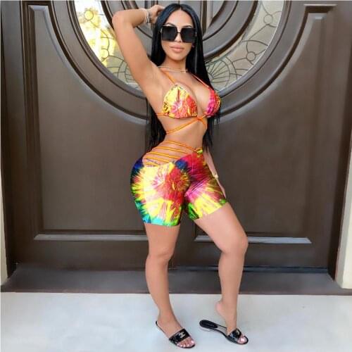 2021 New Tie-Dye Printed Sexy Sling Hollow Bikini Suit Push-Up Pad Swimsuit Summer Female Swimwear Swimwear