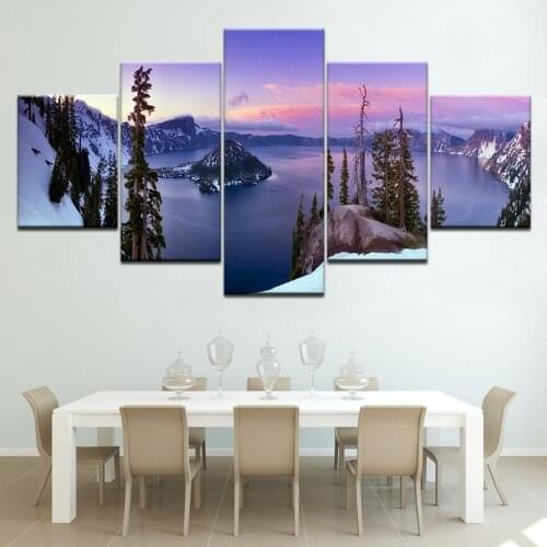 Lake snow mountain morning landscape 5 Panels HD Print Wall Art modern Modular Poster art Canvas painting for Living Room Home