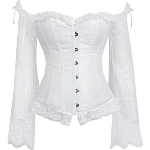 Sexy White Ruffle Off Shoulder Lace Overbust Corsets And Bustiers Flare Long Sleeves Steampunk Gothic Wedding Bridal Corset