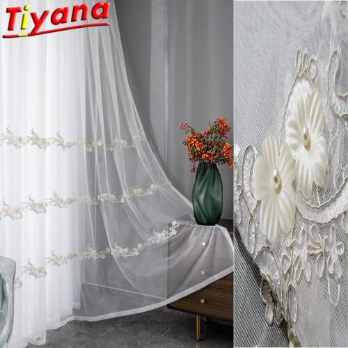 3D White/Grey Flowers Beading Embroidery Curtains for Living Room Pearls Rope Embroidery Tulle for Bedroom Balcony*VT