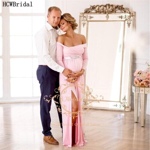 Long Sleeves Light Pink Spandex Evening Dress Off The Shoulder Side Slit Sexy Prom Gowns For Photoshoot Plus Size Women Dresses