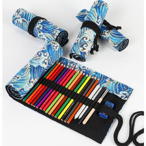 12/24 Holes Canvas Roll Up Pencil Bag Pen Curtain Case For School Office Makeup Wrap Holder Storage Pouch School Supplies