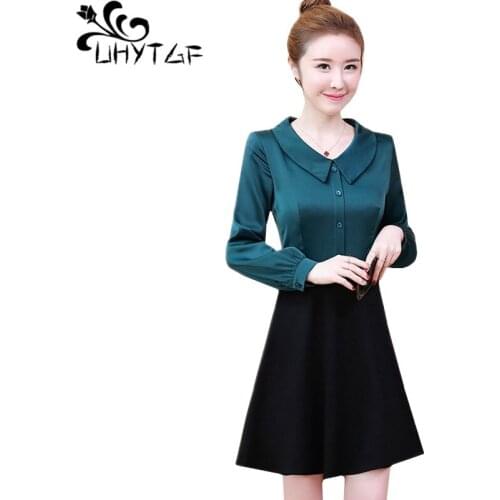 UHYTGF Loose plus size dresses Womens splice fake two piece spring dress Long sleeve slim Female dress Elegant mini dresses 1376