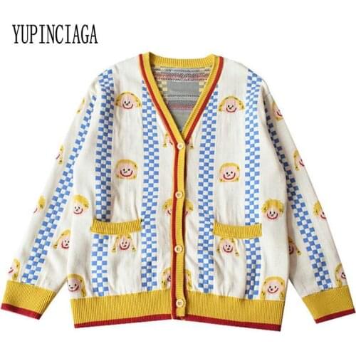 YUPINCIAGA Embroidery Knitted Sweaters 2019 Winter Thick Warm Harajuku blue plaid Jacquard Sweater Women Femmf Knit Pullover