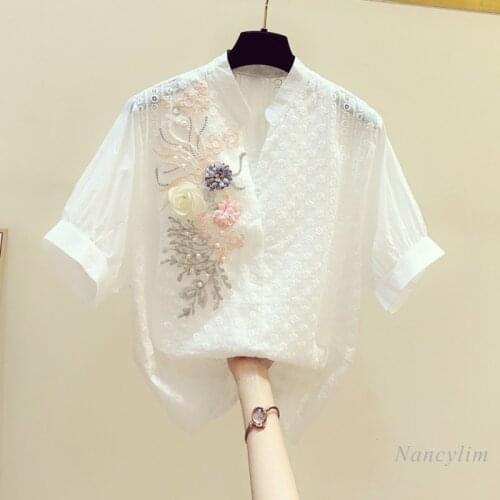 White Lace Shirt Women 2021 Summer New Korean Style Beaded Embroidery Flower V-neck Short Sleeve Blouse Girls Ladies Casual Top