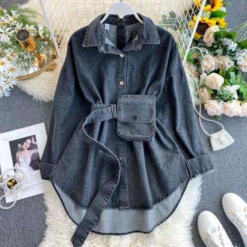 2021 Women Sexy Backless Denim Jacket Fashion Long Sleeve Drawstring Single Breasted Coats Y2k Turn Down Collar Female Onvercoat