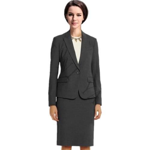 New Women Skirt Suits Charcoal Fashion Elegant Solid Long-Sleeve Knee-Length Slim Formal Female Work Jacket + Skirt Sets XS-4XL