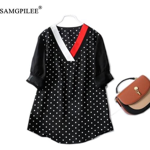 Summer Women T-shirts 2021 New Fashion Polka Dot Pattern Korean Classic Short Sleeve Korean Style Thin V-neck Woman Tshirts 4XL