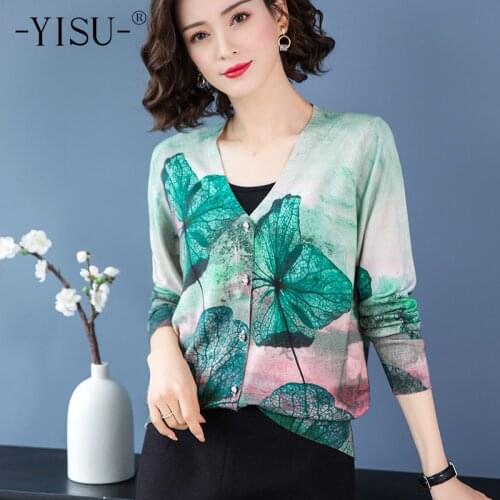 YISU 2020 Autumn Winter Cardigan Women Fashion Single Breasted O Neck Knitted Coat Sweater Long Sleeve Digital Printing Cardigan