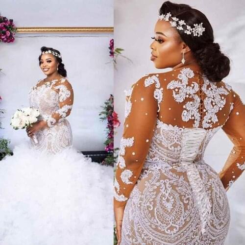 Plus Size Illusion Long Sleeve Mermaid Wedding Dress 2022 African Nigerian Jewel Neck Ruffles Lace-up Back Lace Applique