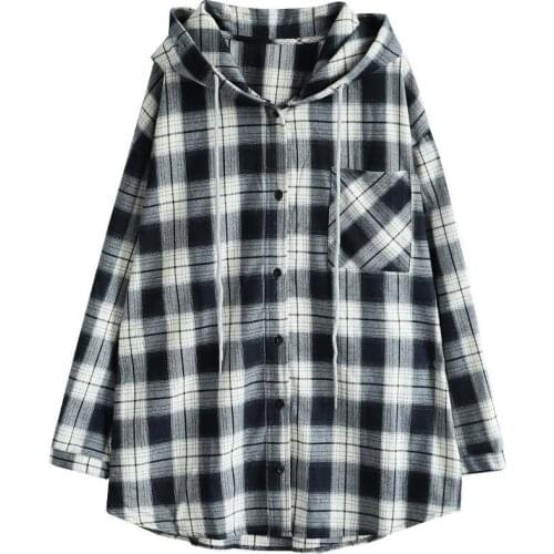2021 New Spring Autumn Plaid Jacket Women Loose Large Size Hooded Shirt Female Fat MM Long Sleeved Plaid Shirt Tops Cotton 411