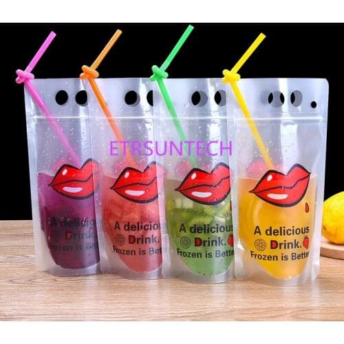 500pcs/lot 500ml New Design Plastic Drink Packaging Bag Pouch for Beverage Juice Milk Coffee, with Handle and Holes for Straw
