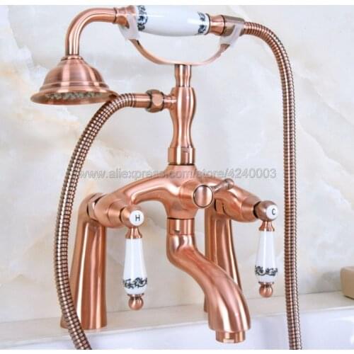 Antique Red Copper Deck Mounted Bathroom Tub Faucet W/ Hand Shower Sprayer Tub Mixer Tap Kna168